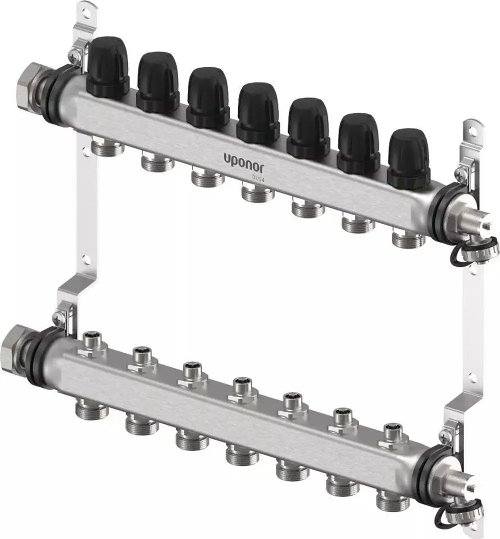 Verteiler aus Edelstahl mit mehreren Anschlussgewinden, ausgestattet mit Abdeckungen. Marke: Uponor. Gerät dient der Verteilung von Heizungs- oder Wasserleitungen.